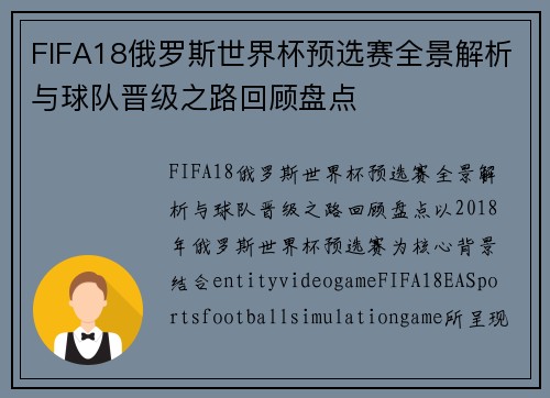 FIFA18俄罗斯世界杯预选赛全景解析与球队晋级之路回顾盘点